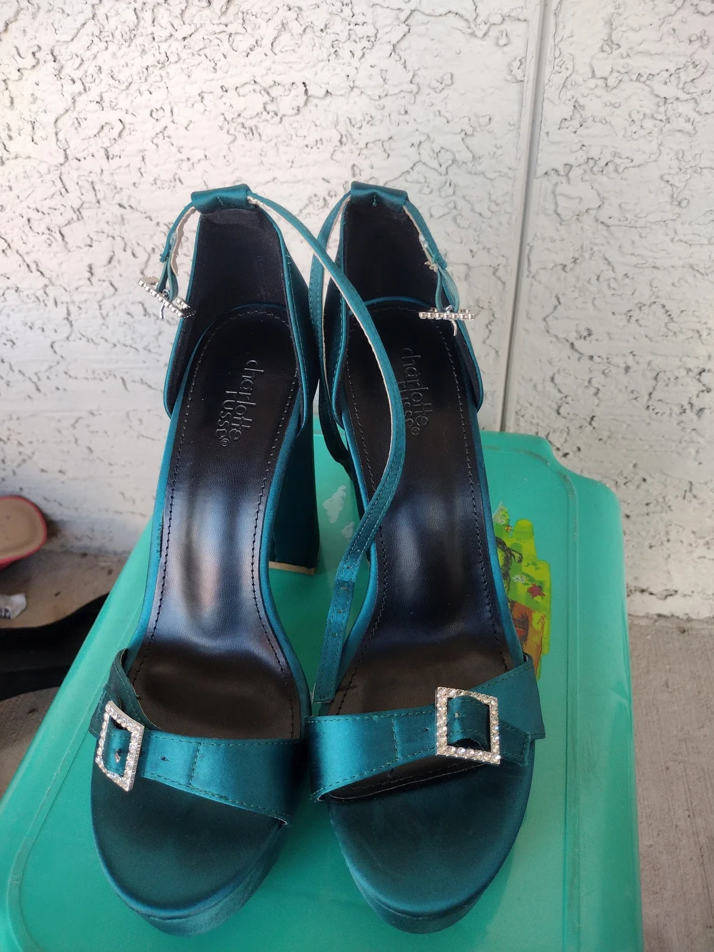 Emerald Satin Block Heel Sandals with Ankle Strap